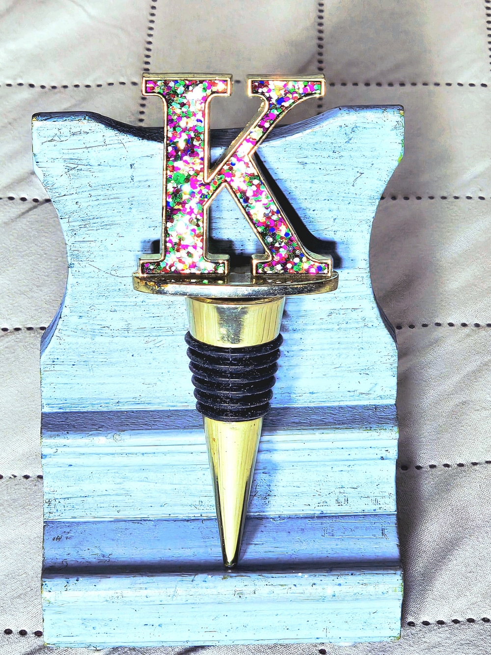 Dabney Lee Gold Monogram Letter K Rainbow Glitter Wine Stopper Barware Gift